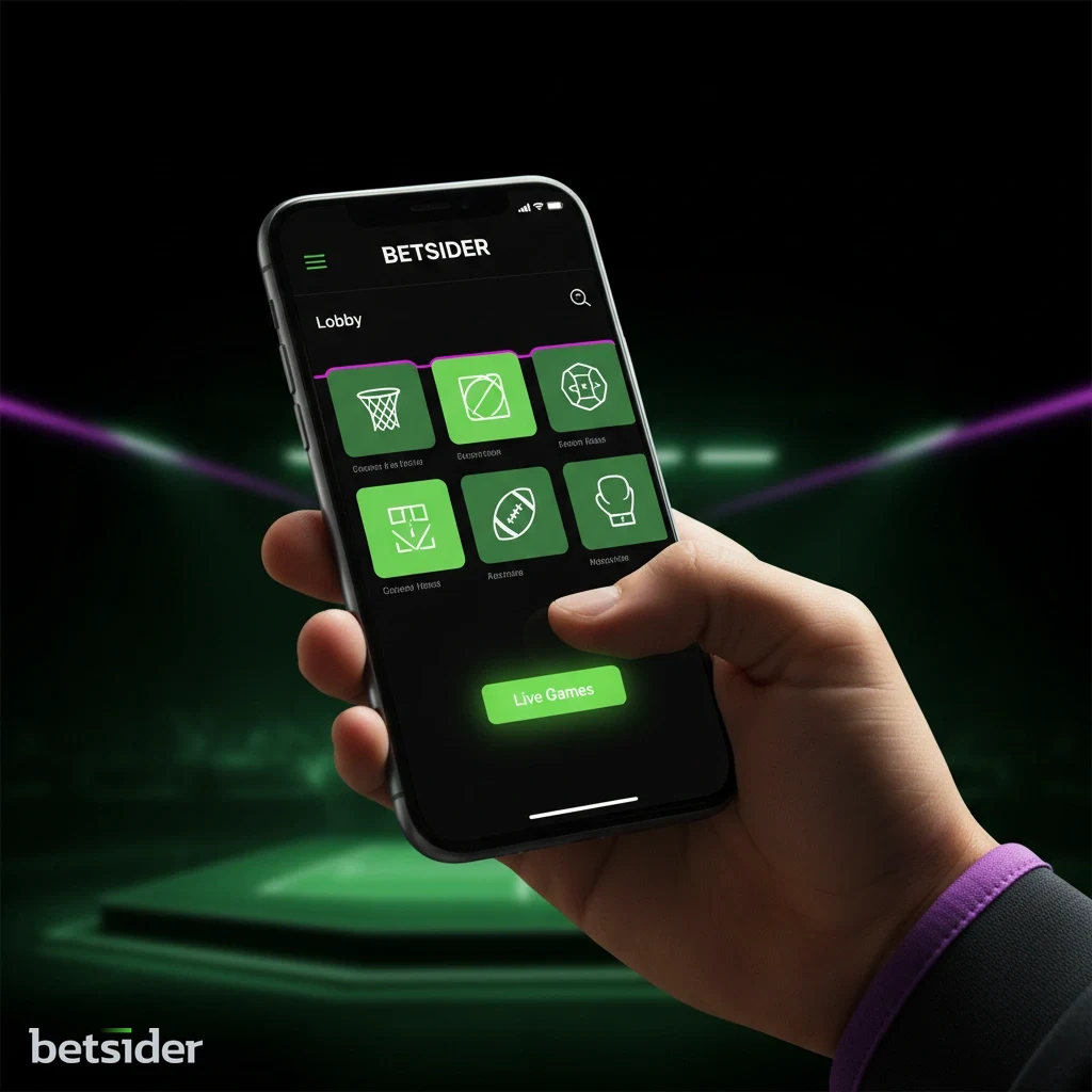 Person holding a smartphone with the Betsider app interface open, showing casino game icons