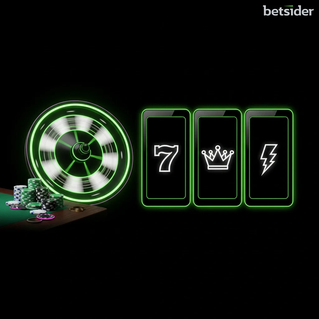 Collage of Betsider casino games including slot symbols, a roulette wheel and poker chips