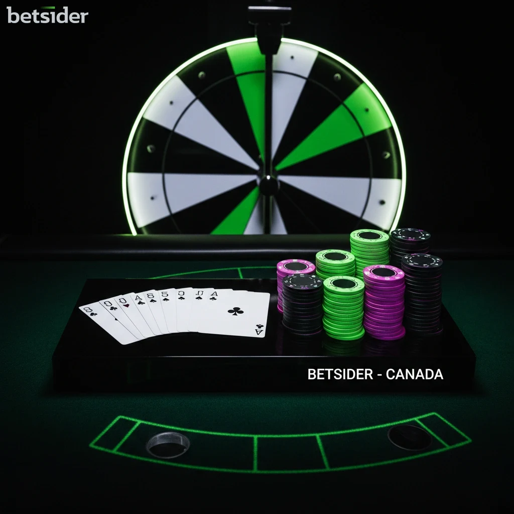 Casino table setup for Betsider table games with a roulette wheel, cards and chips