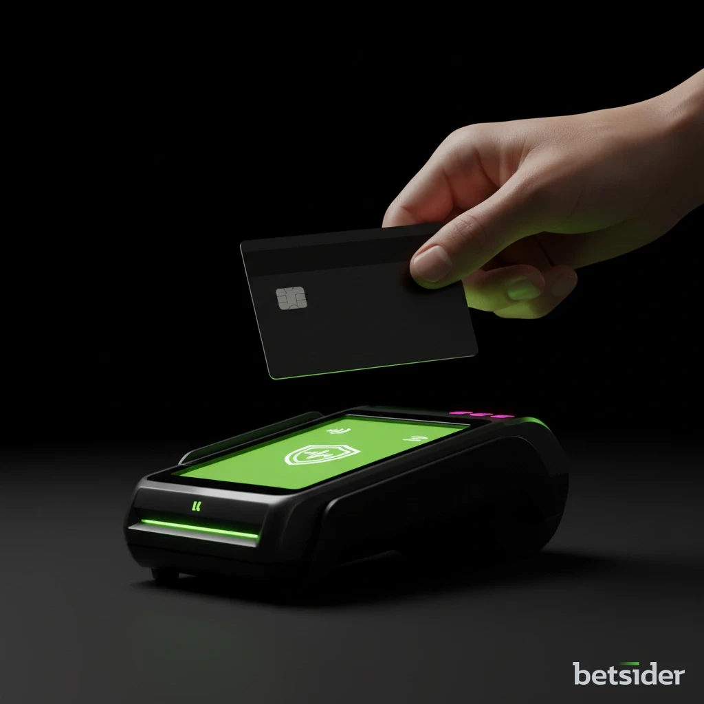 A user completing a secure online transaction with a credit card at a payment terminal.