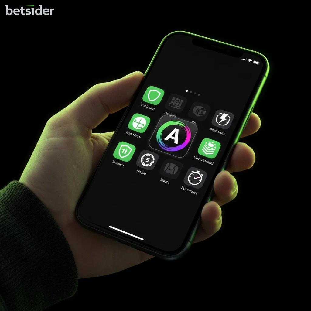 Hand holding an iPhone with the App Store open, ready to download the Betsider iOS app