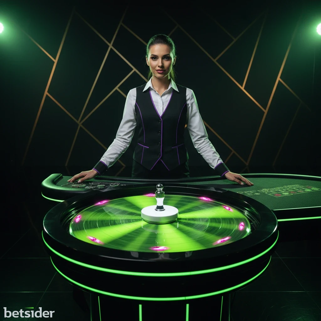 A live dealer at the Betsider live casino stands behind an HD-streamed roulette table