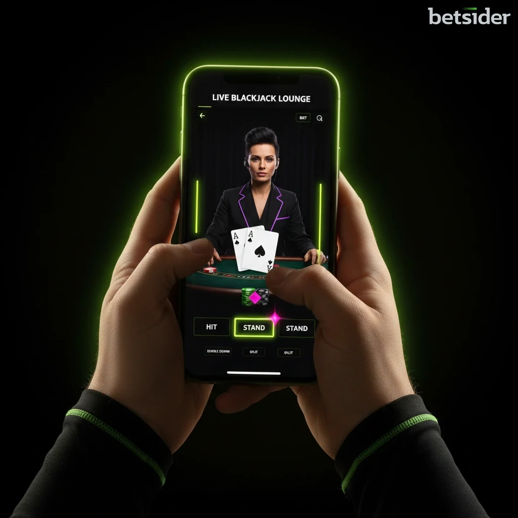 A hand holding a smartphone displaying a live blackjack game with the dealer visible on screen