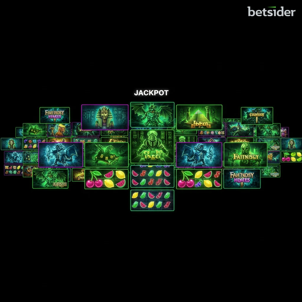 Grid of Betsider online slot game tiles spanning Egyptian, fantasy and fruit machine themes