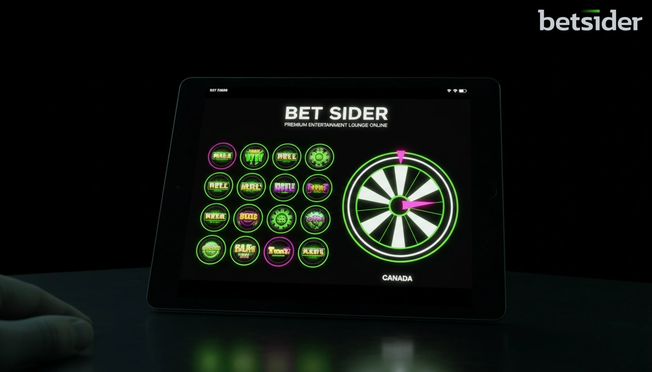 Betsider online casino lobby on a tablet showing slot tiles and a roulette wheel